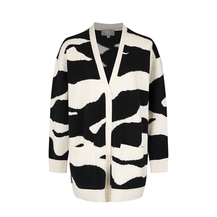 撞色针织外套3481 山羊绒女士秋冬粗纺ADF嵌花V领开衫 东黎 溯源款