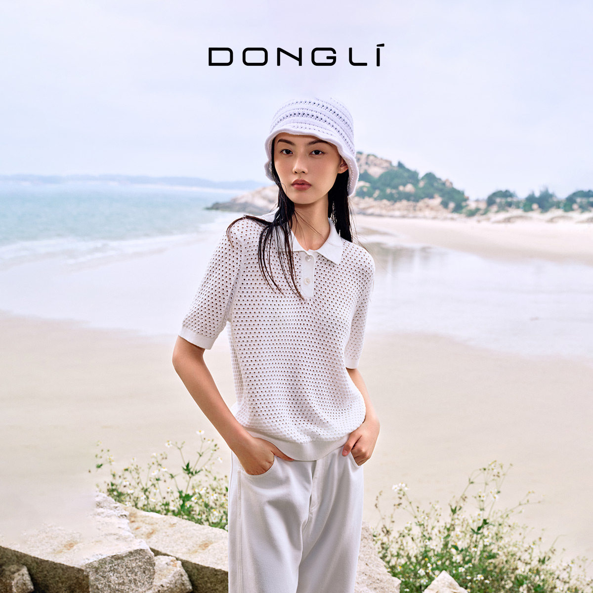 东黎温柔的海风-珊瑚岛 海岛棉 女士春夏镂空针织POLO衫短袖5189