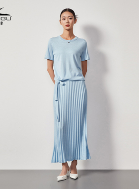 东黎溯源款 丝绒款 女士飘带设计精纺圆领短袖针织套头T恤衫4071