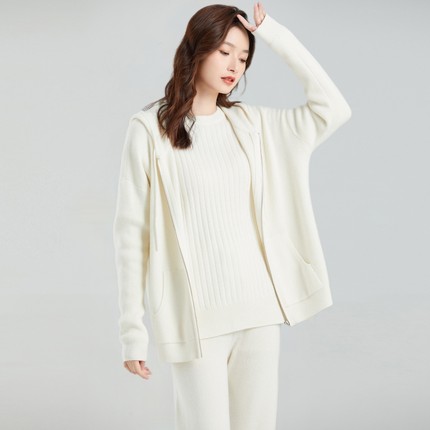 东黎•小山羊绒 女士抽条显瘦拉链开衫百搭简约羊绒连帽衫21BBC38