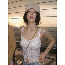 条纹白色蕾丝无袖衬衫女夏季高级感短款辣妹独特绝美吊带上衣外穿