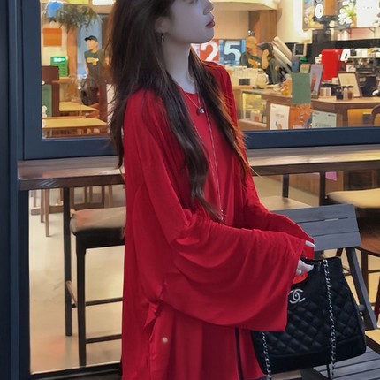 韩系chic单穿上衣设计感小众宽松慵懒风圆领红色防晒长袖t恤女夏