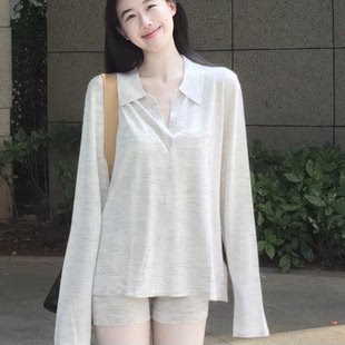 白色polo领长袖 T恤女夏季 法式 薄款 绝美小上衣 新款 高级感防晒罩衫