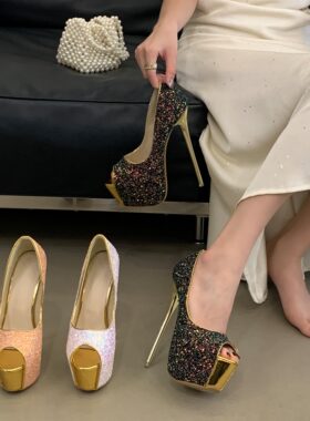 大码鞋系列34-45舞台C位！blingbling亮片防水台高跟鞋 细跟16cm