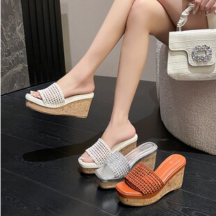 防水台高跟凉鞋 2026草编坡跟凉拖鞋 女夏外穿松糕厚底一字拖鞋