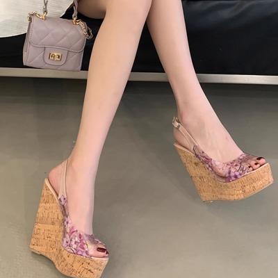 16CM防水台松糕女鞋厚底透明鱼嘴凉鞋坡跟超高跟鞋豹纹时尚女拖鞋