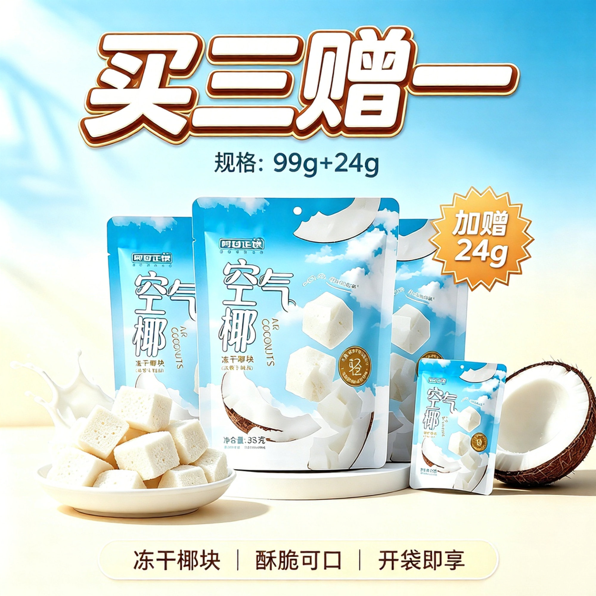 阿甘正馔空气椰椰片袋装椰子片椰子干椰子块休闲零食33g*3袋