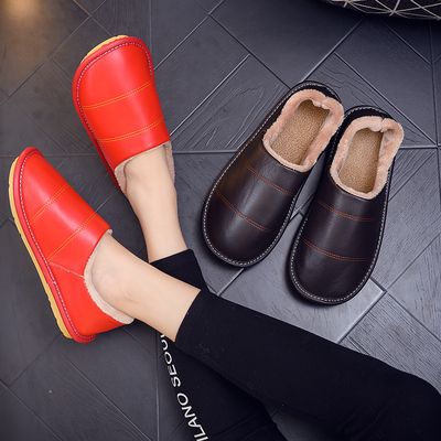 真皮面包跟秋冬加绒厚底棉拖鞋