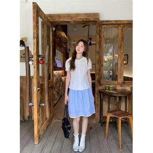 高腰蓝色条纹半身裙短裙甜美两件套 学院风套装 白色短袖 衬衫 女夏季