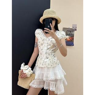 新款 衬衫 2025夏季 蕾丝碎花拼接短袖 衬衣ins潮 女修身 显瘦休闲短款