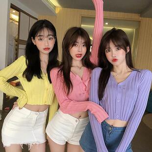 单排扣V领长袖 针织衫 薄款 格格家 防晒开衫 闺蜜装 短款 上衣 春季