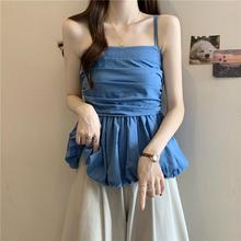 蓝色花苞吊带背心女2025夏季新款泰式辣妹外穿收腰无袖抹胸小上衣