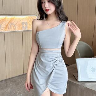 格格家欧美时尚 性感斜肩连衣裙剪裁出肚露臀单肩扭转连衣裙潮流