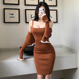 花边短款 长袖 外套 性感吊带修身 潮 格格家 包臀连衣裙针织套装 春季