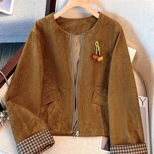 新款 外套女2025秋冬季 巨好看百搭夹克 棕色复古圆领麂皮绒短款 大码