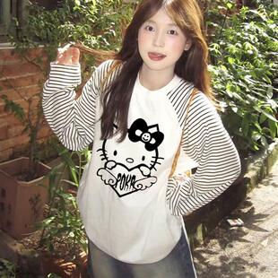 韩系少女减龄hellokitty印花拼接条纹上衣女秋冬chic长袖打底T恤