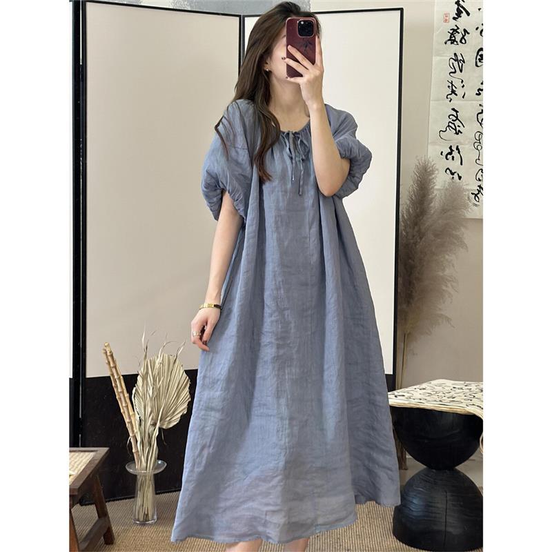 小菲家~有内衬夏季宽松系带圆领泡泡袖苎麻连衣裙