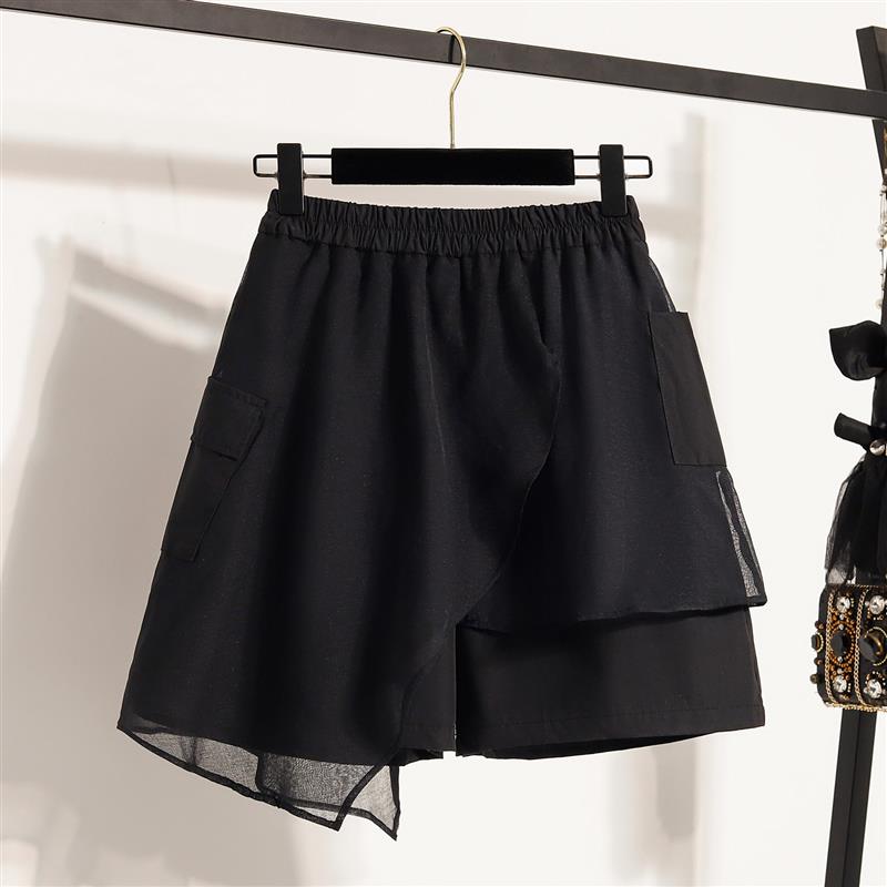 个性小众设计感网纱拼接阔腿短裤女夏季宽松百搭松紧腰外穿裙裤子
