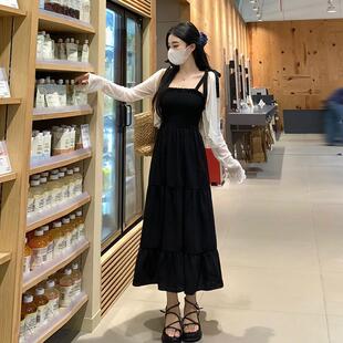 大码胖mm气质黑色蝴蝶结收腰吊带连衣裙女夏季长袖防晒开衫两件套