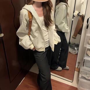 美式复古条纹开衫连帽卫衣女装2025早秋季松弛感宽松显瘦短款上衣