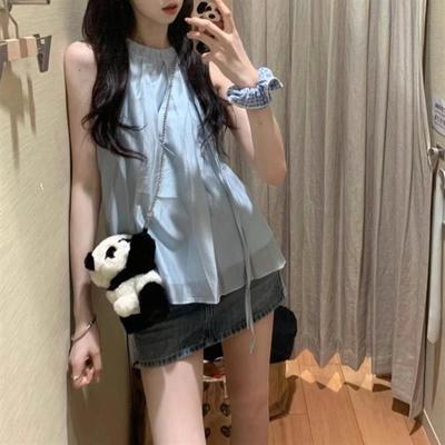法式高级感蓝色天丝挂脖吊带背心女甜美雪纺娃娃衫无袖露肩上衣夏