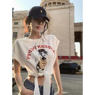 T恤女白色设计感绑带显瘦短款 2025夏季 复古印花短袖 新款 上衣 美式