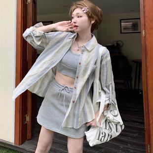 撞色竖条纹衬衫 长袖 女复古宽松显瘦百搭衬衣潮 防晒衫 春夏2025新款