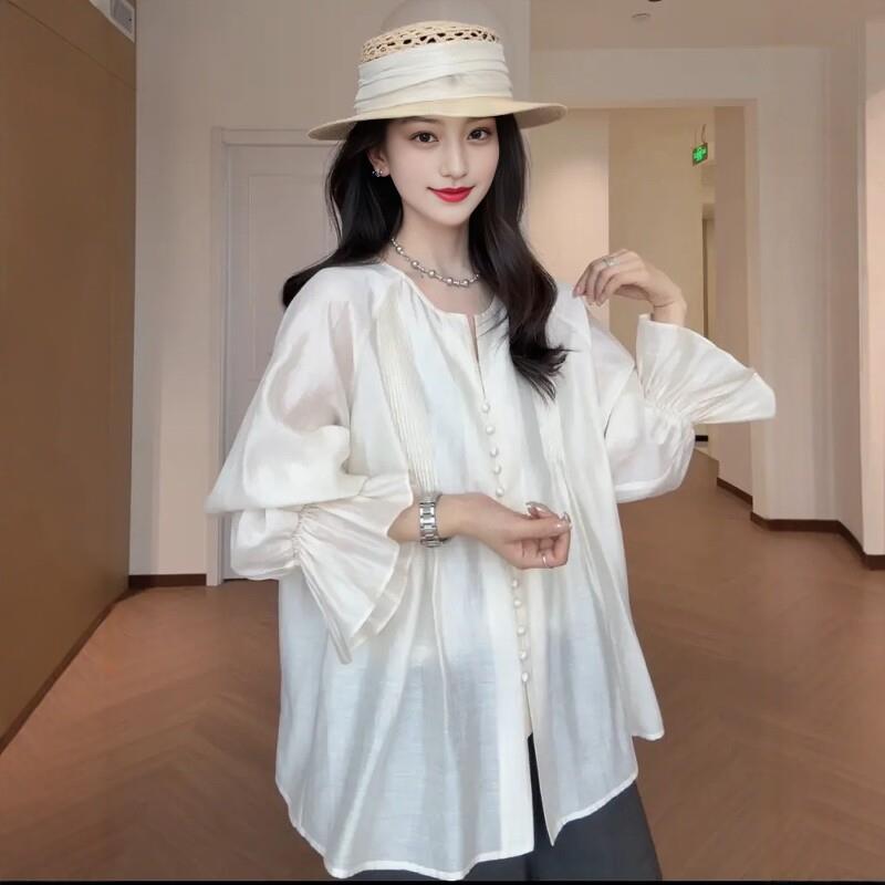 大码白色防晒长袖衬衫女春季宽松显瘦喇叭袖衬衣设计感肌理感上衣