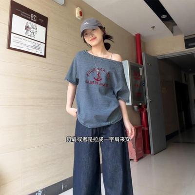 藏青色美式复古条纹斜肩短袖T恤女夏季设计感宽松显瘦短款上衣ins