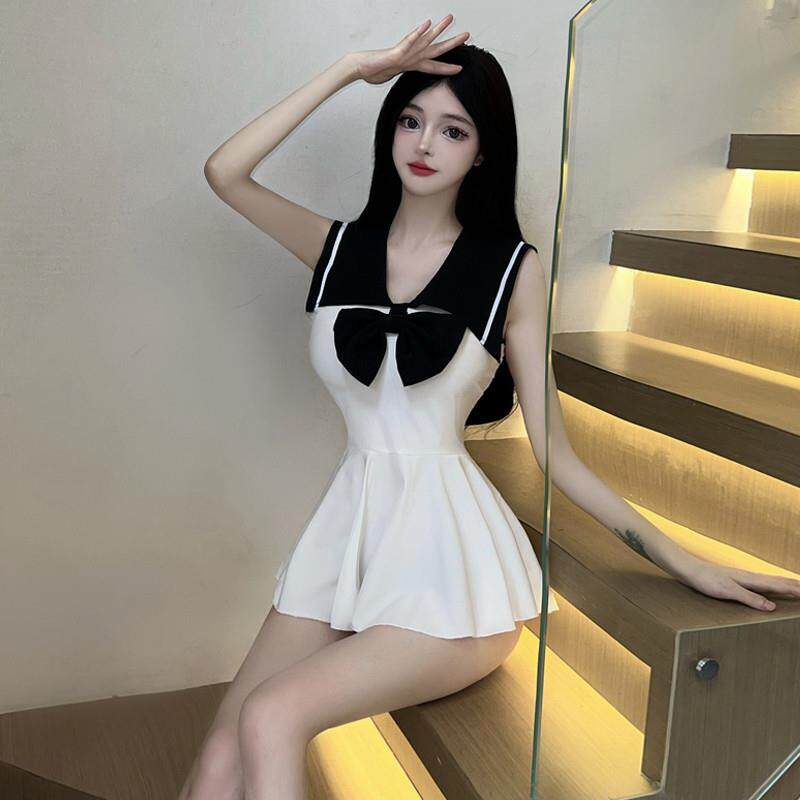 日系清纯软妹海军领水手服性感性感辣妹蝴蝶结收腰无袖超短连衣裙