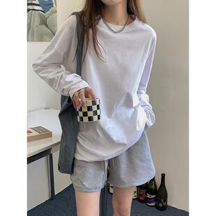 纯棉长袖 白色T恤女圆领宽松百搭打底衫 情侣加厚内搭上衣2025新款