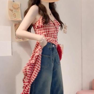 荷叶边不规则红色格子吊带背心女夏季法式亚麻娃娃衫无袖露肩上衣