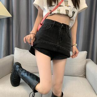 包臀a字短裤 大码 显瘦美式 女春夏2024新款 胖mm辣妹风黑色牛仔裙裤