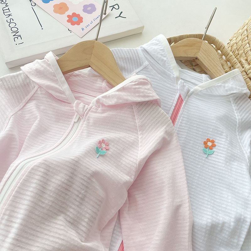 夏天女童花朵连帽防晒服宽松婴幼童薄款外套透气宝宝空调服拉链衫