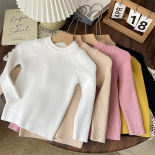 2025秋冬女宝圆领坑条纯棉针织毛衣女童弹力保暖打底衫儿童上衣女