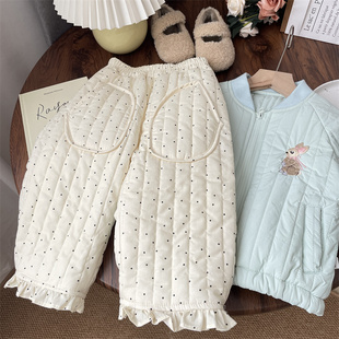 子女 儿童夹棉裤 森系秋冬女童圆点绗棉棉裤 宝宝夹棉加厚花边直筒裤