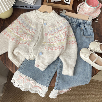 2025秋冬女童蝴蝶结提花针织开衫宝宝毛衣外套儿童加厚上衣幼儿园