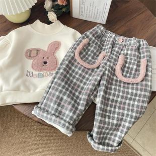 秋冬宝宝粉色格子一体绒哈伦裤女童加绒裤子儿童毛呢加厚小女孩女