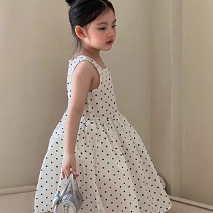 2026春夏新款女童甜美波点连衣裙宽带方领公主裙收腰气质仙女长裙