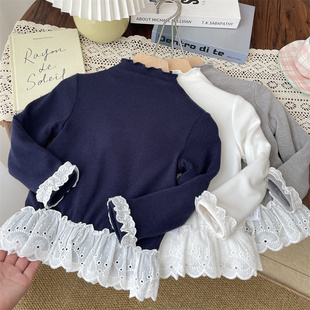 秋冬女童蕾丝花边一体绒半高领打底衫公主宝宝叠穿儿童加绒上衣女