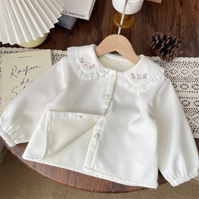 秋冬加厚洋气百搭女宝娃娃领小兔花朵刺绣上衣小女孩翻领加绒衬衫