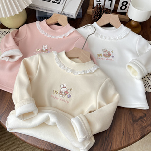 秋冬宝宝蕾丝花边半高领一体绒打底衫女童加绒加厚内搭儿童上衣女