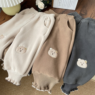 深秋可爱宝宝裤子小熊一体绒灯笼裤女童加绒裤子小童休闲裤外穿冬