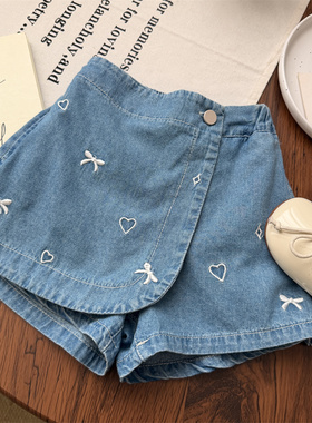 韩系童装夏季女童蝴蝶结刺绣假两件牛仔裙宝宝短裤洋气儿童裤子女