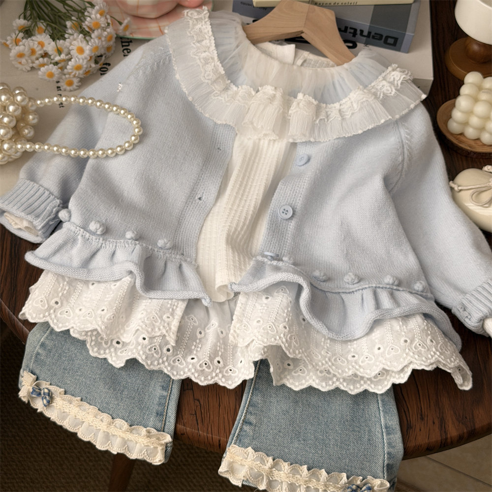 春装女童球球蕾丝花边裙式针织开衫宝宝浅蓝毛衣外套洋气儿童上衣