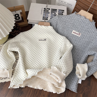 冬季 宝宝蚕丝绒加厚上衣儿童女 女童蕾丝贴布波点半高领加绒打底衫