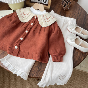 2024秋装 毛衣翻领外套上衣 女童宝宝儿童蝴蝶结刺绣娃娃领针织开衫