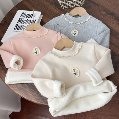 郁金香蕾丝花边贴布半高领一体绒