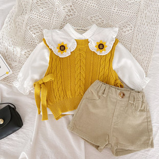 韩系春款宝宝针织马甲系带洋气套头女童麻花毛衣背心儿童坎肩时髦