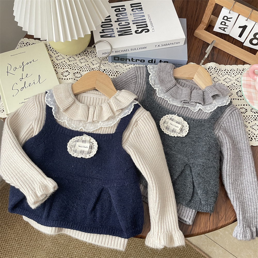 韩范秋冬女童荷叶领蕾丝花边针织马甲假两件毛衣宝宝打底衫上衣女